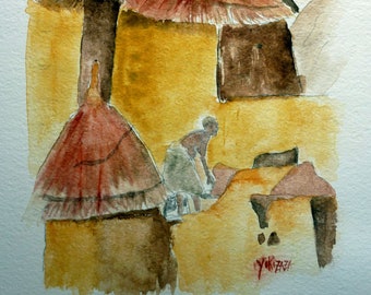 aquarelle Afrique , des cases