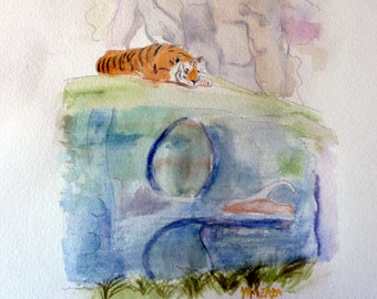 watercolor Buddha and the tiger, jungle