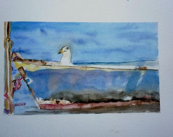 the seagull in the boat watercolor