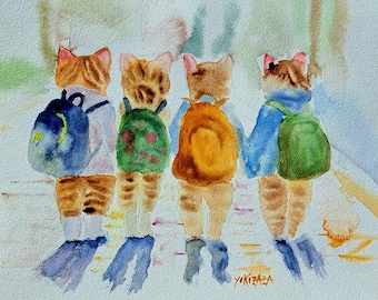 aquarelle chat , l 'école est finie