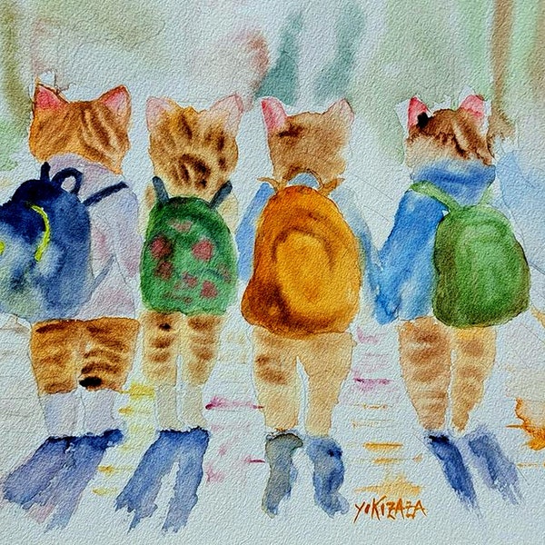 aquarelle chat , l 'école est finie