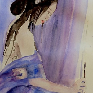 watercolor, a woman writing, a Japanese woman