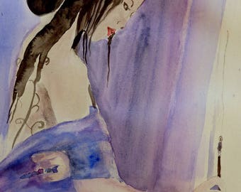 watercolor, a woman writing, a Japanese woman