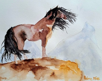 aquarelle le cheval mustang , originale