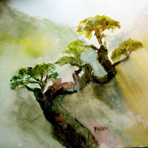 watercolor a tree, the mist, Asia
