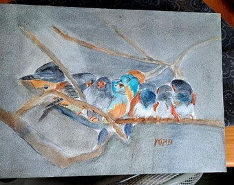 aquarelle originale les oiseaux sur la branche