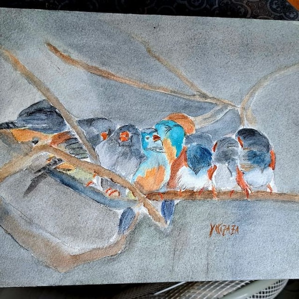 aquarelle originale les oiseaux sur la branche