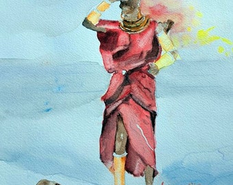 aquarelle femme maasai, Afrique, Kenya