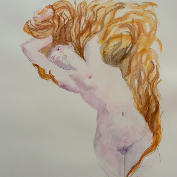 AQUARELLE femme nue et sa chevelure