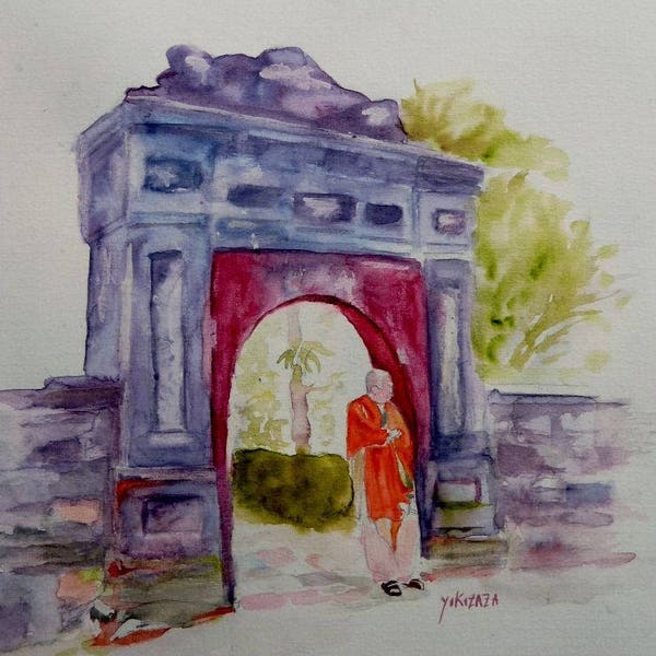 aquarelle , Vietnam , une porte a Hué