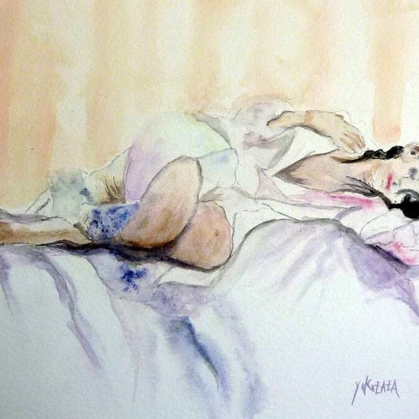 aquarelle , une jeune femme dort , elle reve