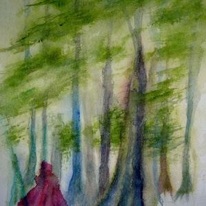 acuarela el bosque mágico y caperucita roja