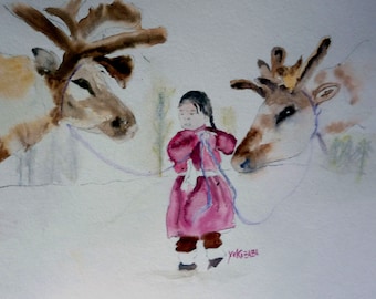 AQUARELLE originale , la petite fille et les rennes