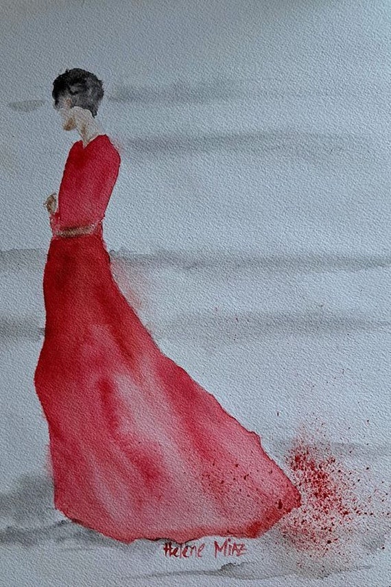 Aquarelle femme a la robe coquelicot, tristesse France