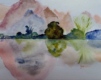 aquarelle reflets dans l'eau , paysage asiatique