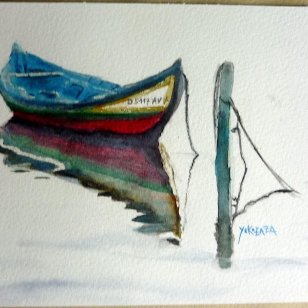 aquarelle une belle barque colorée au portugal