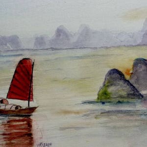 watercolor a view of HALONG Bay