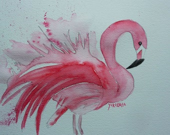 aquarelle originale , le flamand rose, oiseau