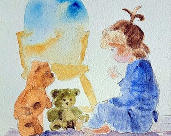 aquarelle , enfant et nounours , la lecon