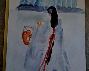 watercolor and Indian ink, woman and the lantern