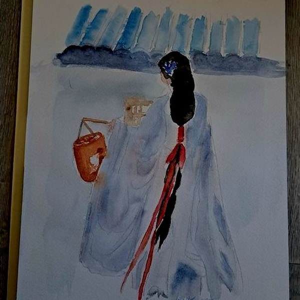 aquarelle et encre de chine ,femme et la lanterne