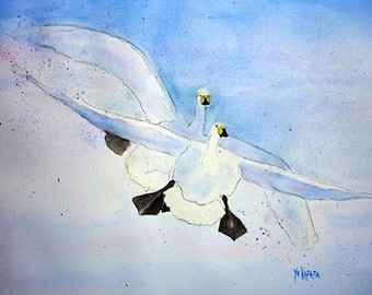 aquarelle de deux oies en plein vol