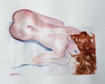 une belle femme rousse nue, aquarelle originale