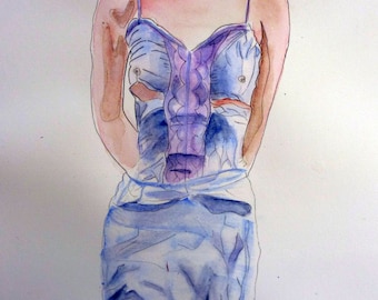 Original WATERCOLOR, beautiful woman, LILA,