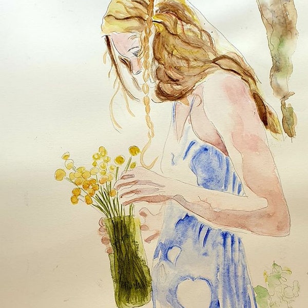 aquarelle le bouquet , jeune fille