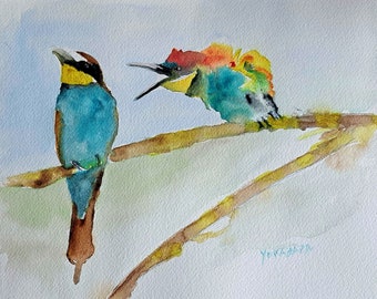 aquarelle les oiseaux , gueppiers , en colere