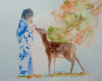 aquarelle japon , femme et le daim a Nara