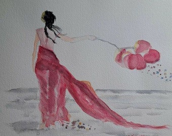 aquarelle la femme aux ballons rouges