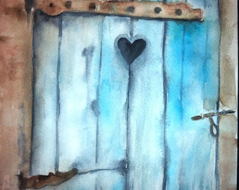 la porte bleue de l'amitié a l'aquarelle avec un coeur