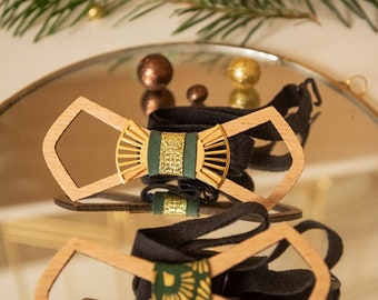 Bow tie in solid oak wood and art deco decor in fine gold-plated brass/men's ceremony accessories/green wedding.