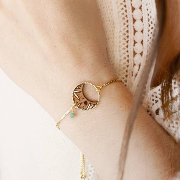 Bracelet lune en bois d'acajou et chaîne coulissante en laiton doré à l'or fin- bracelet