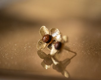 2-in-1 flower stud earrings in mahogany wood, nature-inspired jewelry, gift for women.