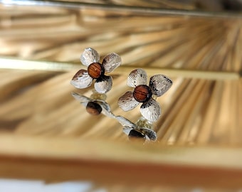 Brincos de flor 2 em 1 em madeira de mogno, joias inspiradas na natureza, presente para mulheres.