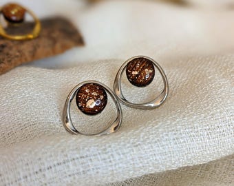 Mahogany wood stud earrings with a stainless steel hoop. Elegant and timeless jewelry. Gift for women. Wedding