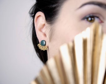 Earrings fans 3 in 1 painted wood, silver and brass gilded with fine gold 18k.