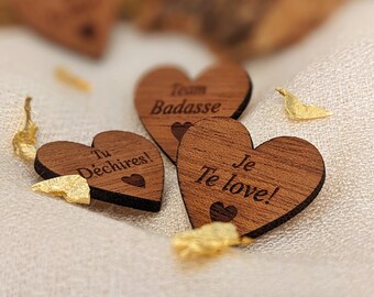 Engraved wooden heart pins - collar or jacket jewelry - bridesmaids.