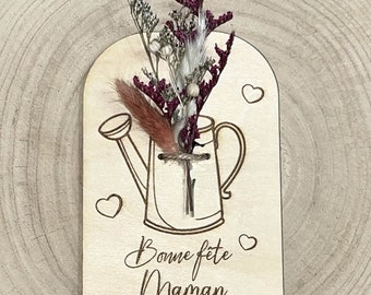 carte en bois avec fleurs séchées et aimants à l'arrière, à poser ou  à mettre sur le frigo, texte à personnaliser, cadeau bonne fête maman