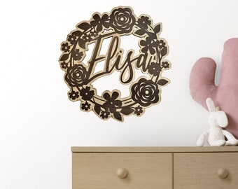 Couronne de fleurs en bois avec prénom - cadeau naissance personnalisé - décoration chambre enfant