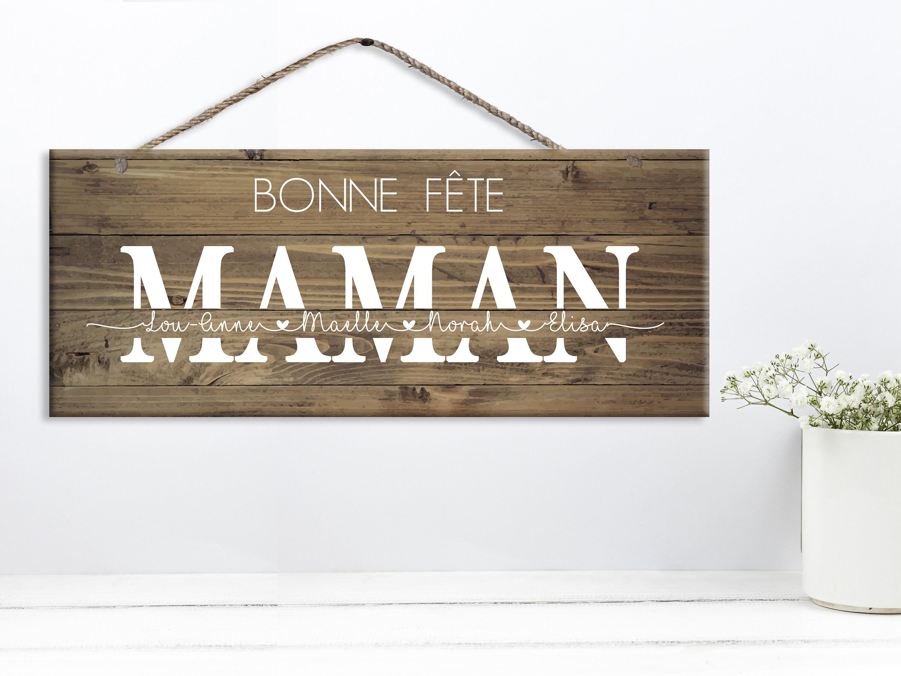 Pancarte Bonne Fête Maman - avec Prénom Des Enfants 45x18cm Fibre de Bois