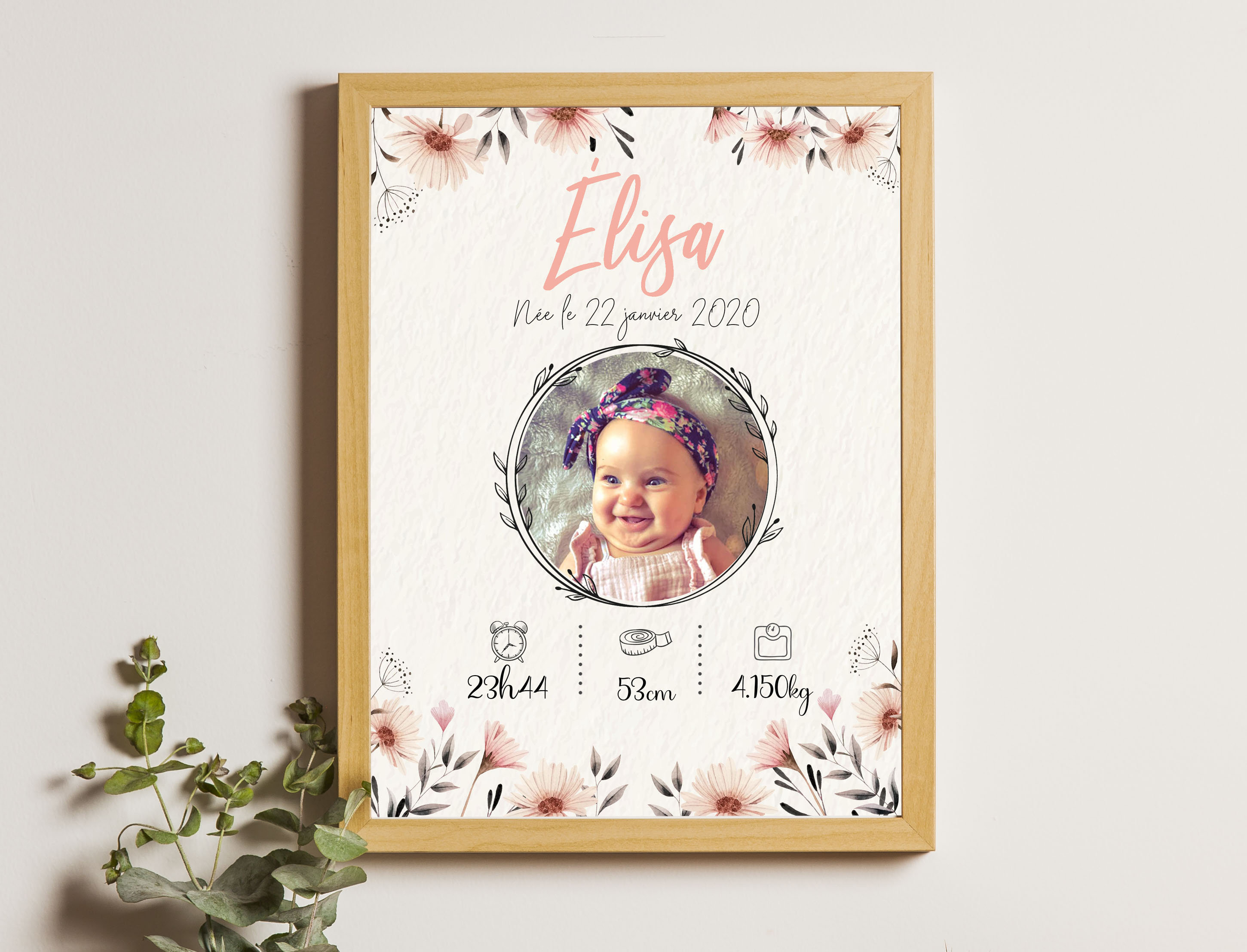 Affiche Naissance Personnalisée Pour La Chambre de Bébé ou Cadeau Naissance - Fille Vintage Flower P