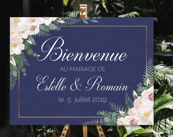 Panneau d'accueil, mots des mariés, personnalisable - fond bleu et fleurs blanches