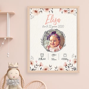 Póster de nacimiento personalizado para habitación de bebé o regalo de nacimiento - niña - flor vintage - pastel