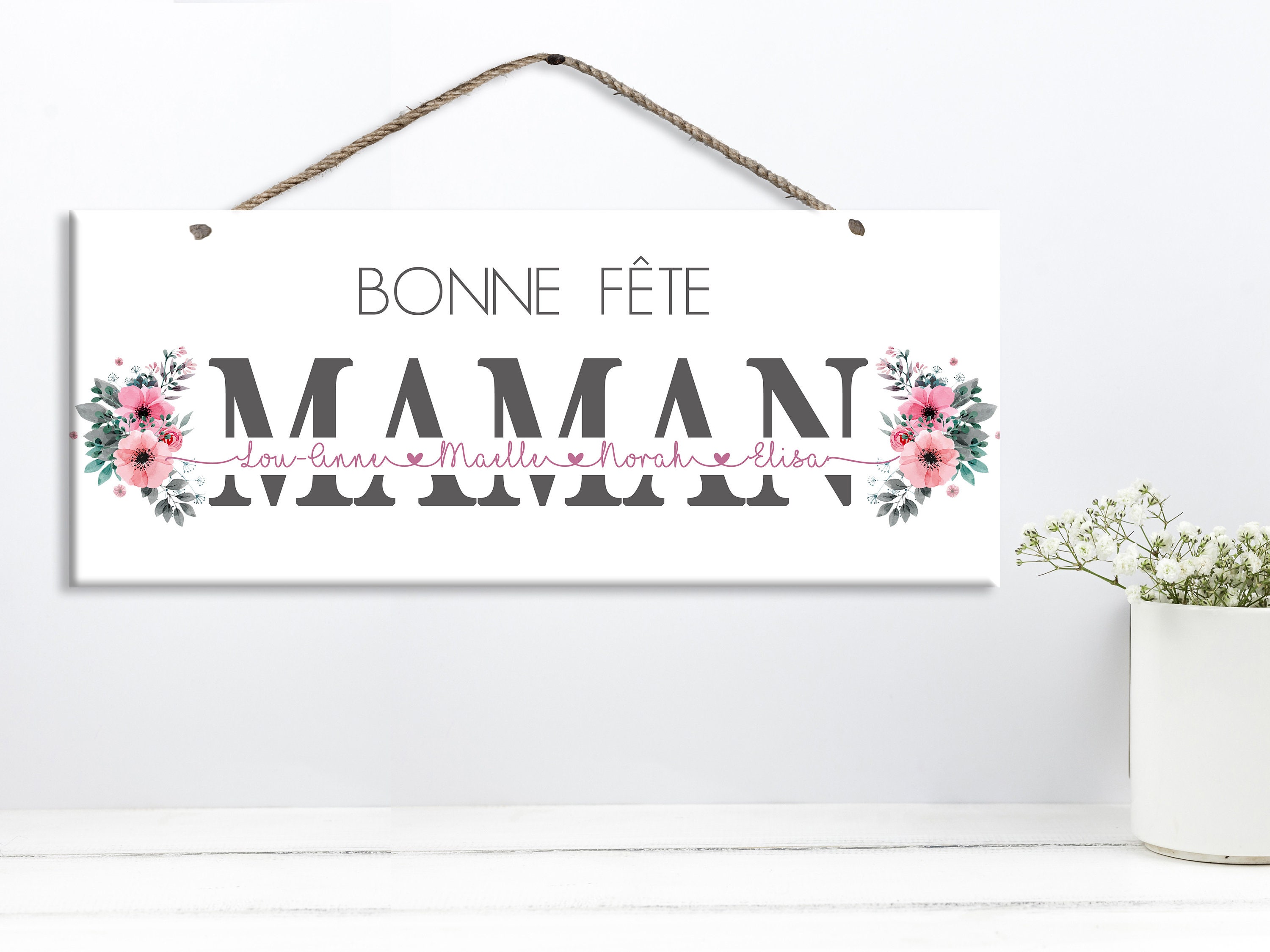 Pancarte Bonne Fête Maman Floral - avec Prénom Des Enfants 45x18cm Fibre de Bois