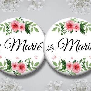 Badges personnalisés - Le marié & La Mariée - thème shabby chic - thème floral rose