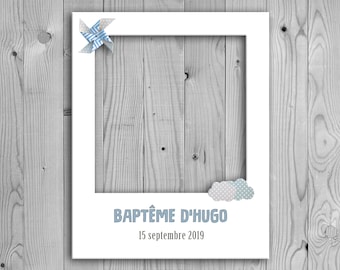 Cadre Photobooth Baptême moulin à vent et nuage - pinwheel and cloud - bleu & gris