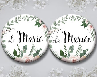 Badges personnalisés - Le marié & La Mariée - thême champêtre - avec carte personnalisée